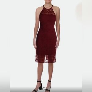 Guess lace illusion burgundy halter dress